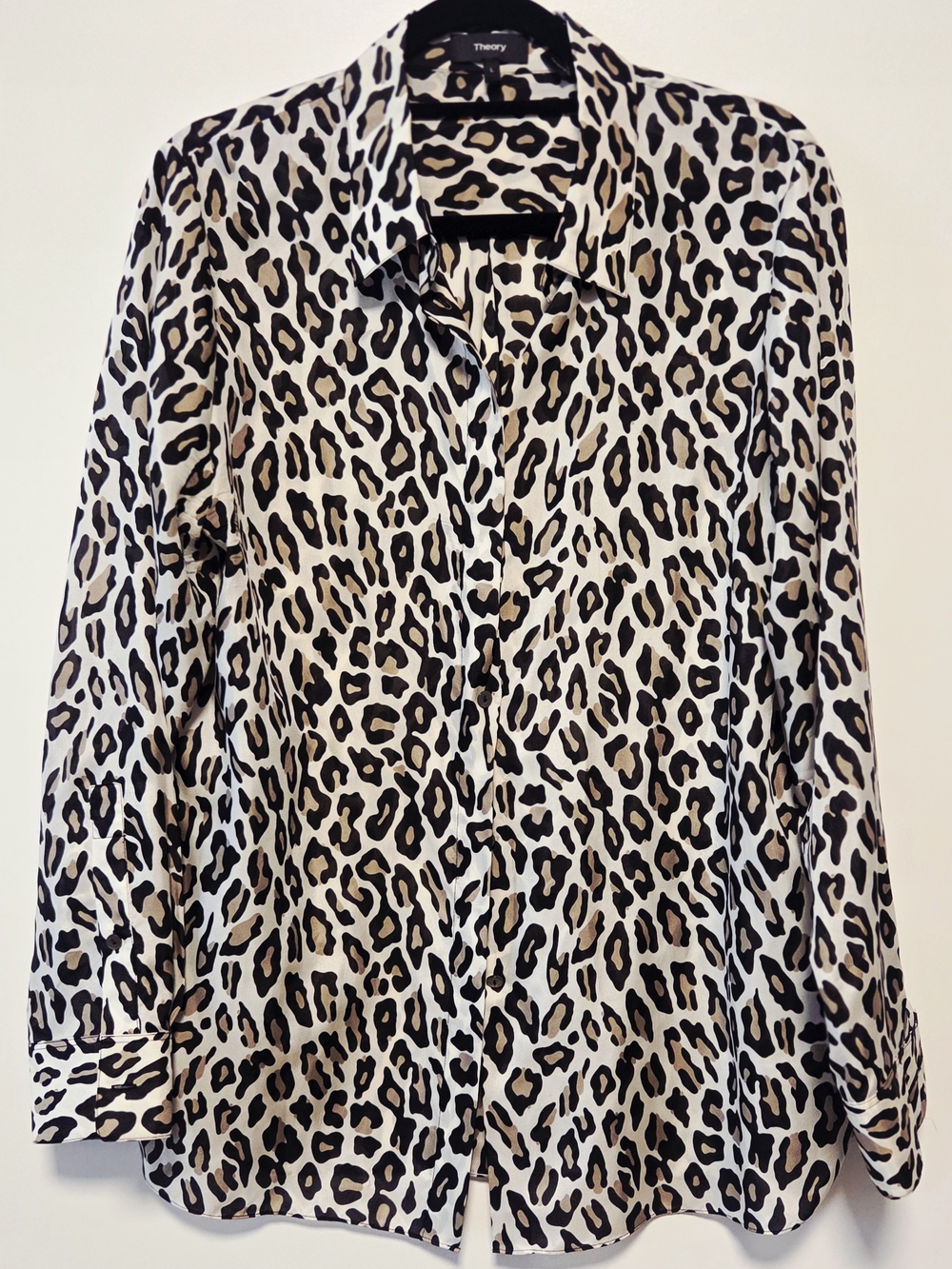 Theory Leopard Print Silk Blouse, Black & Cream, Size L.